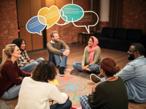 Una ilustración de burbujas de diálogo interconectadas que forman una red, o personas sentadas en círculo conversando, representando el diálogo genuino en un foro.